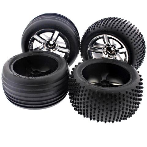 Traxxas 1/10 Nitro Rustler Front & Rear Tires & Chrome 12mm Hex Wheels